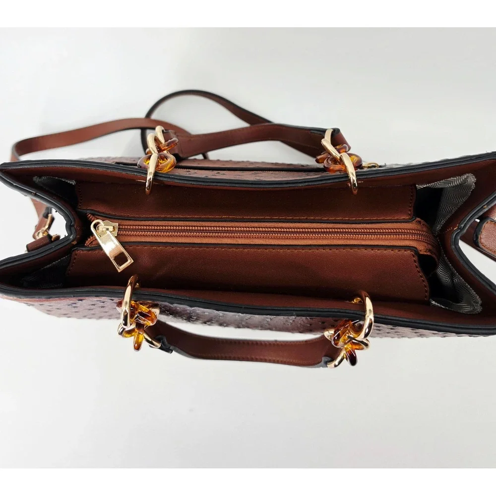 Brown‎ Croc Ostrich Embossed Satchel Handbag Crossbody Gold Chain Link Strap